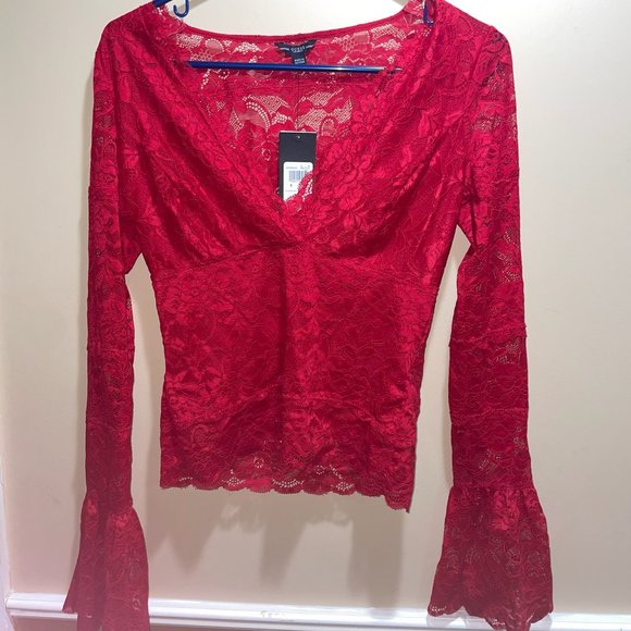 Guess Lace V-Neck Red Long Sleeve Shirt Size Small - Picture 1 of 3